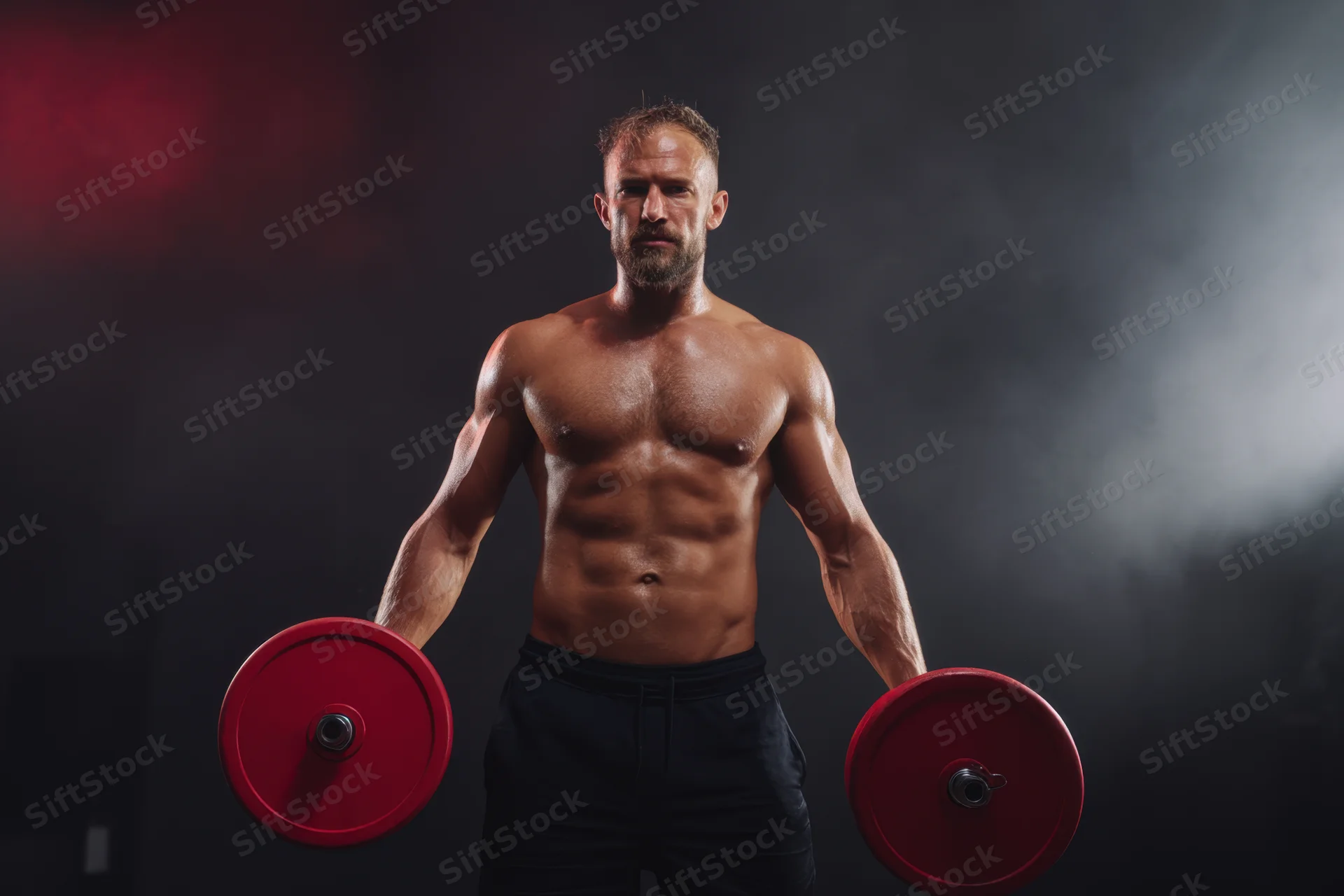 Shirtless muscular man holding red dumbbells in a smoky gym