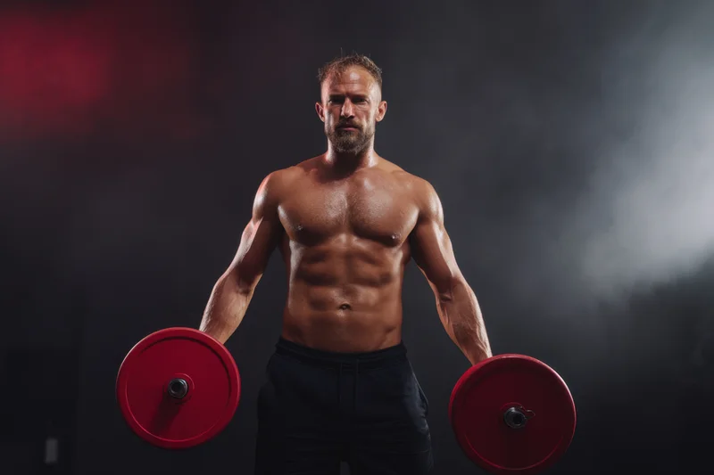 Shirtless muscular man holding red dumbbells in a smoky gym