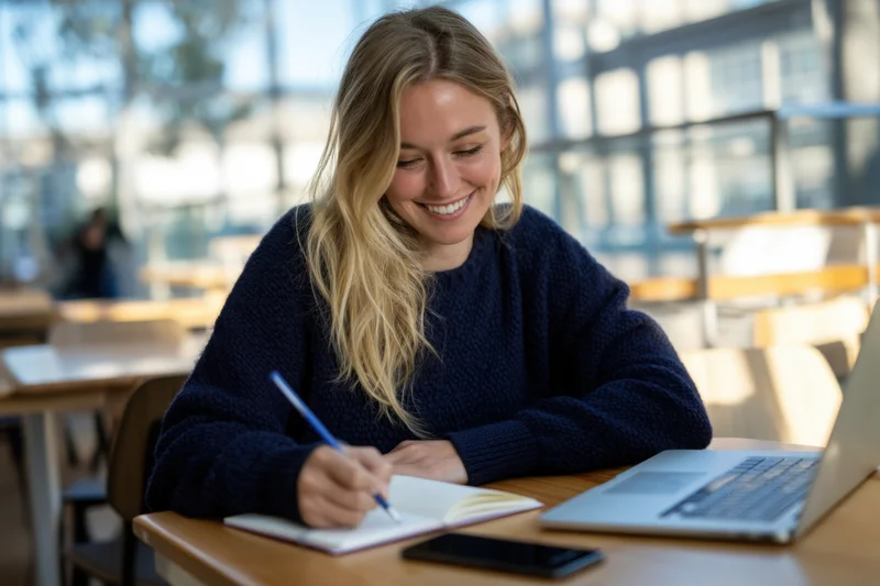 Smiling blonde woman writing in notebook at desk with laptop in classroom