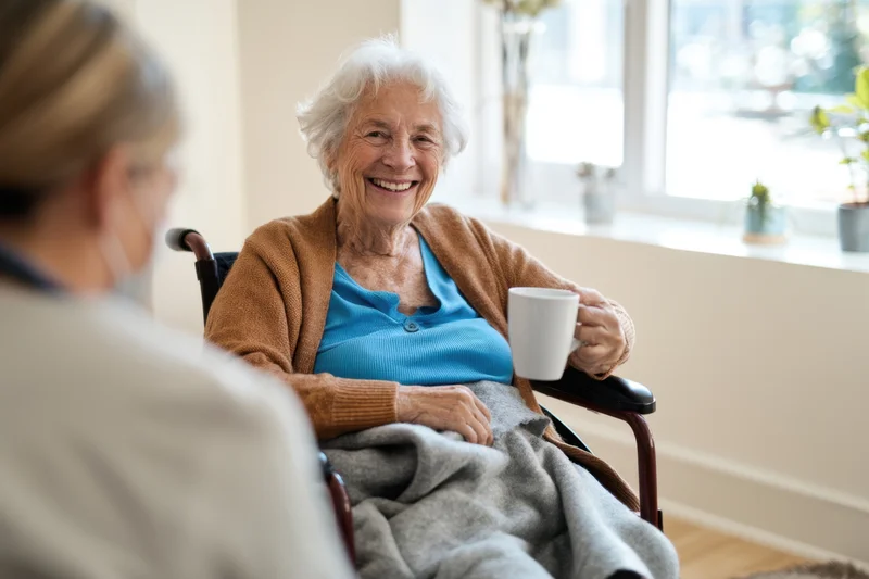 Elderly woman in wheelchair smiling while holding mug during conversation with caregiver indoors