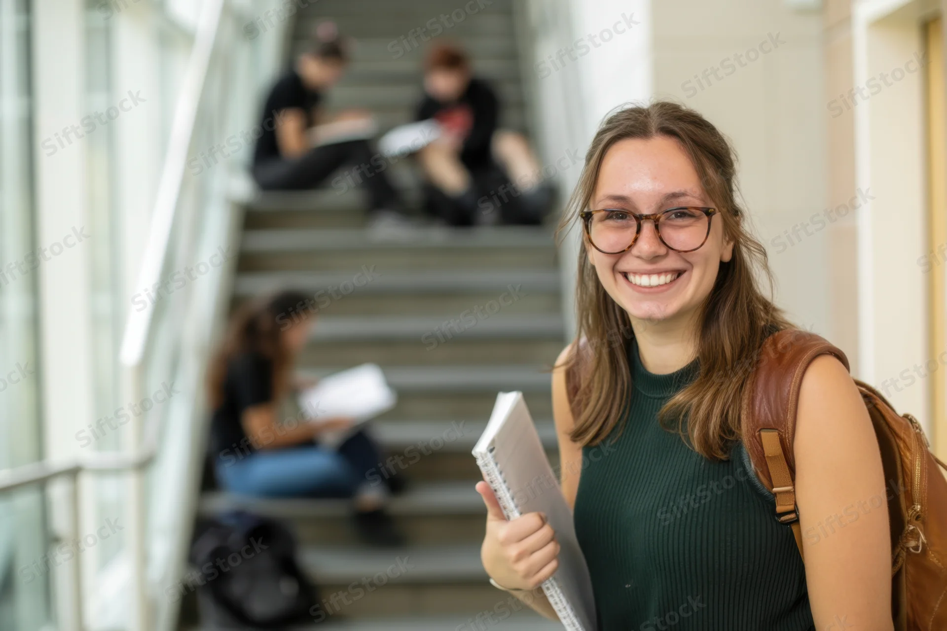 Smiling female student holding notebook with backpack in campus hallway, peers studying on stairs behind her