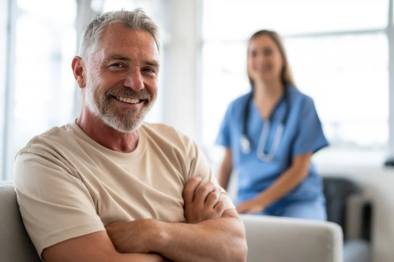 Smiling senior man with arms crossed sitting on couch in clinic with nurse in background