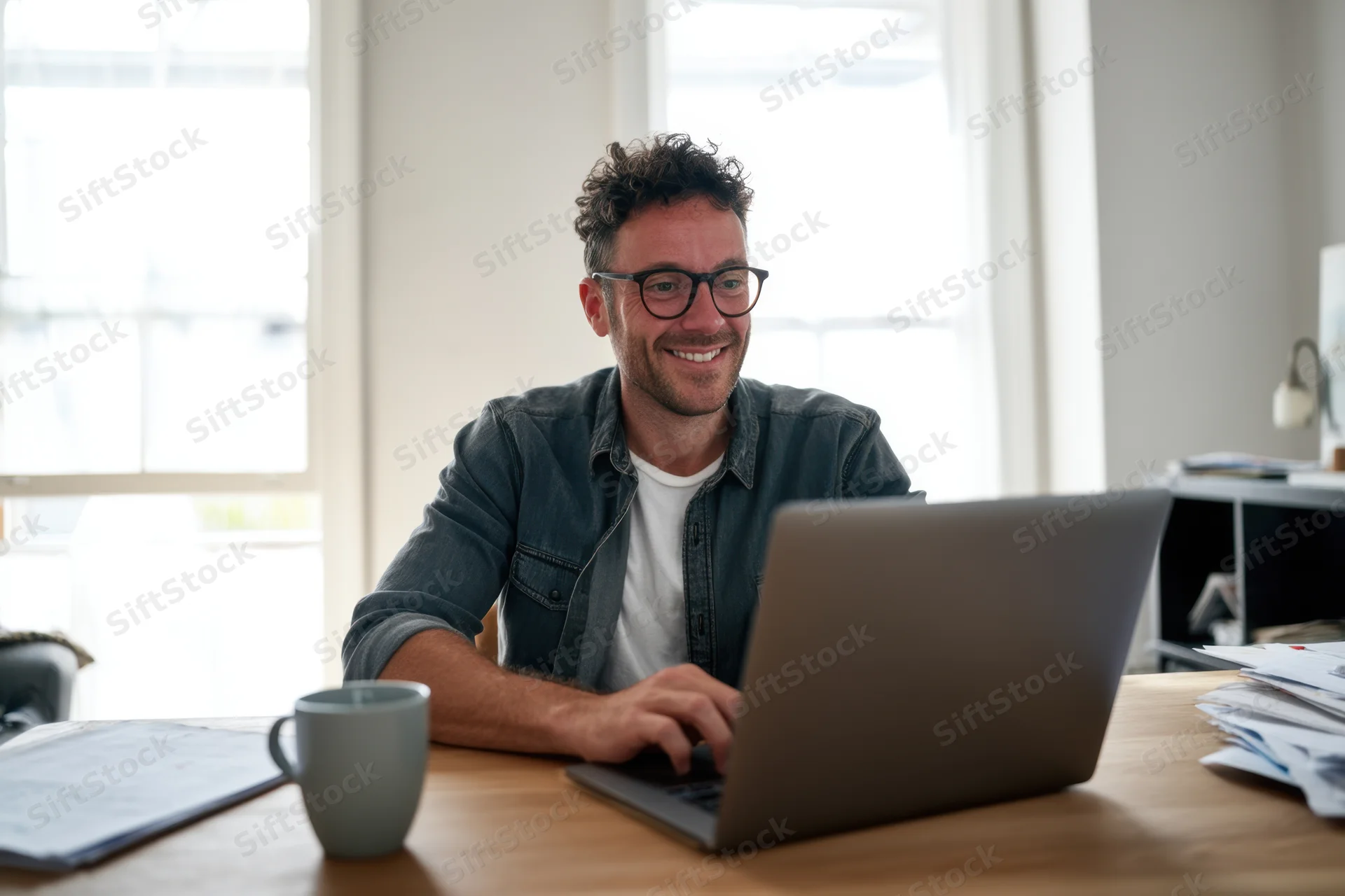 Man smiling while typing on laptop at wooden desk in bright home office