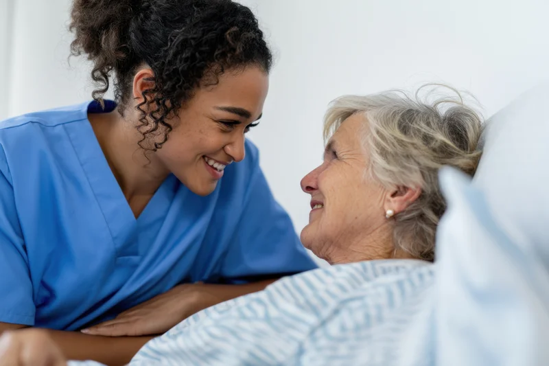 Nurse smiling and talking with senior patient in hospital bed