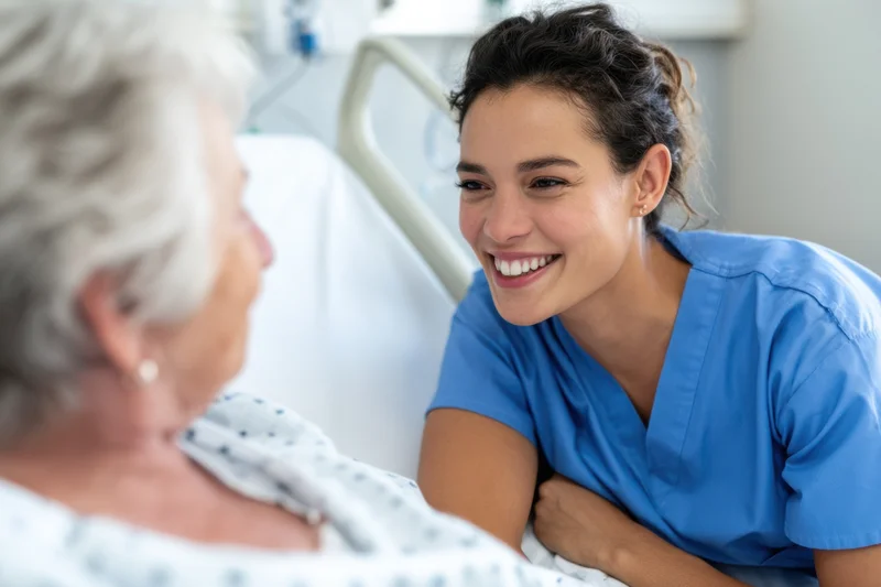Nurse smiling while leaning on hospital bed and talking to senior patient