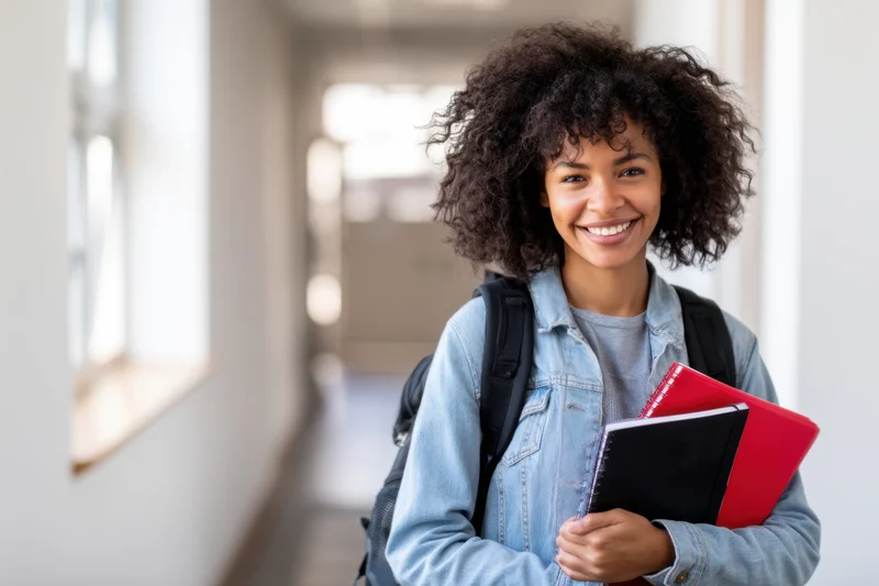 Young african woman student smiling while holding notebooks in a school hallway