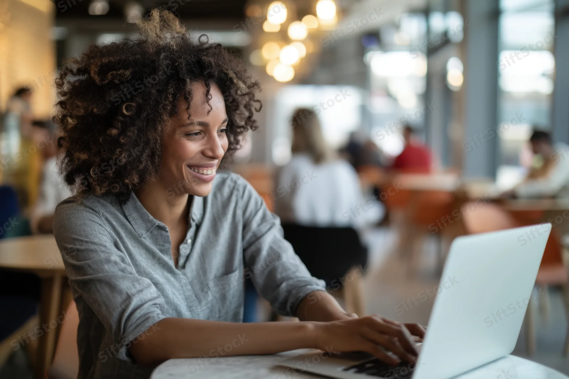 Smiling woman working on laptop at round table in cafe