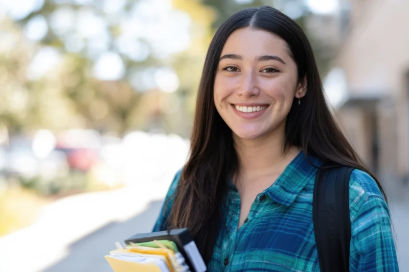 Young woman smiling while holding books and wearing a backpack on a college campus