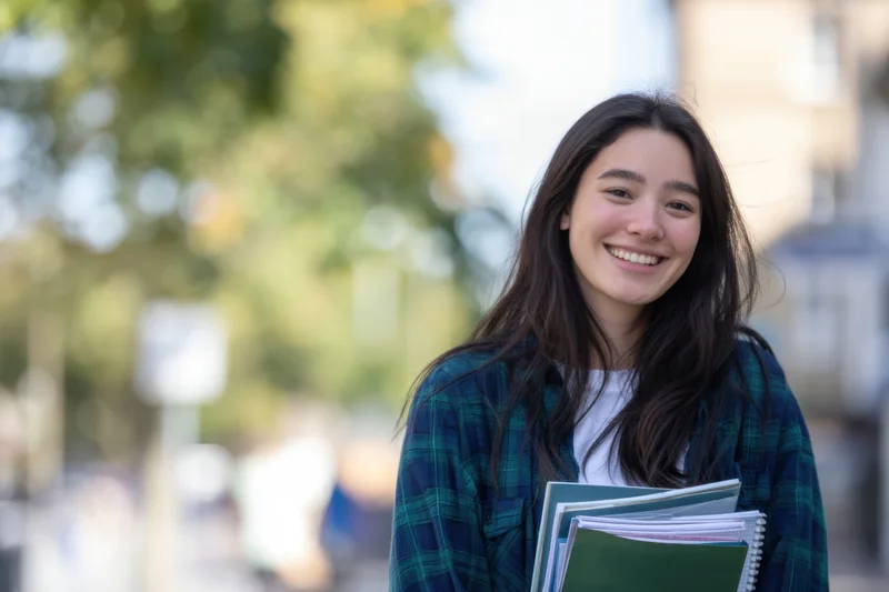 Smiling young woman holding notebooks and binders outdoors on campus