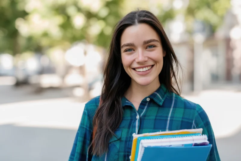 Young woman smiling while holding notebooks and binders outdoors on campus