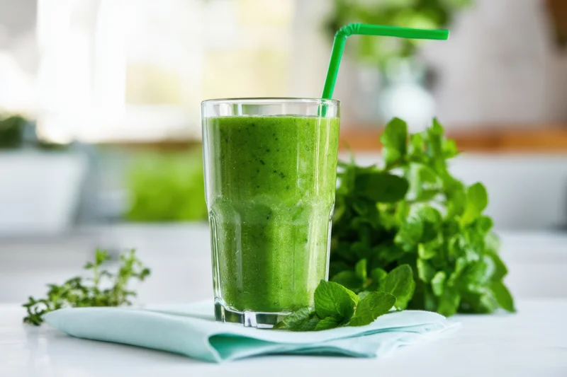 Green smoothie in a tall glass with mint and straw on a kitchen table