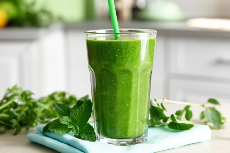 Vibrant green smoothie in a tall glass with mint garnish on a kitchen countertop
