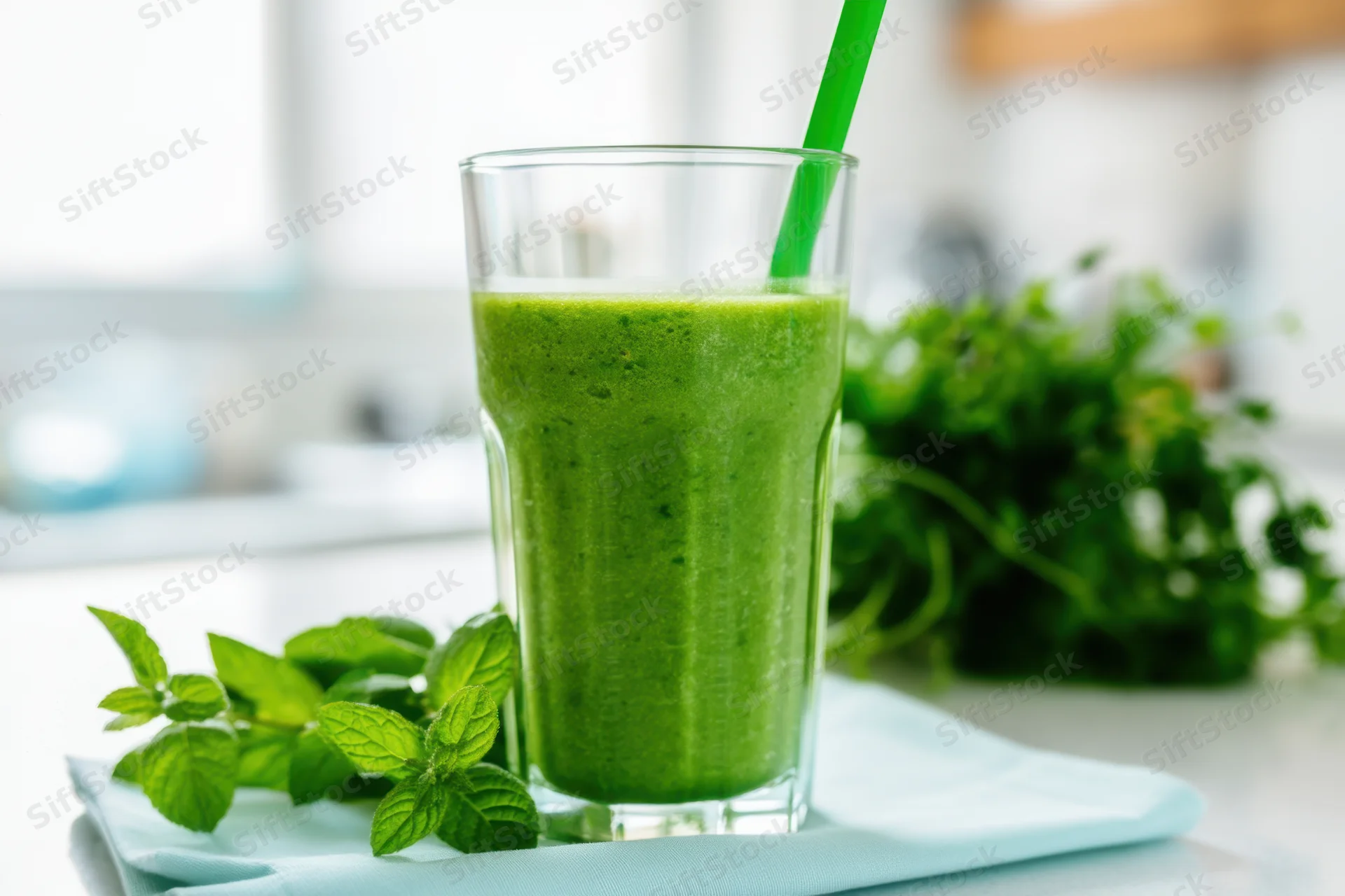 Tall glass of green smoothie with mint leaves on a kitchen countertop