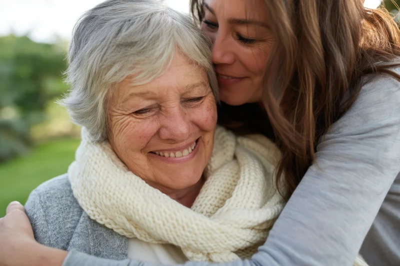 Younger woman embracing senior woman in a park, both smiling warmly