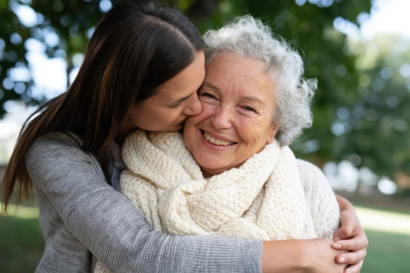 Younger woman hugging senior woman in a park, both smiling warmly