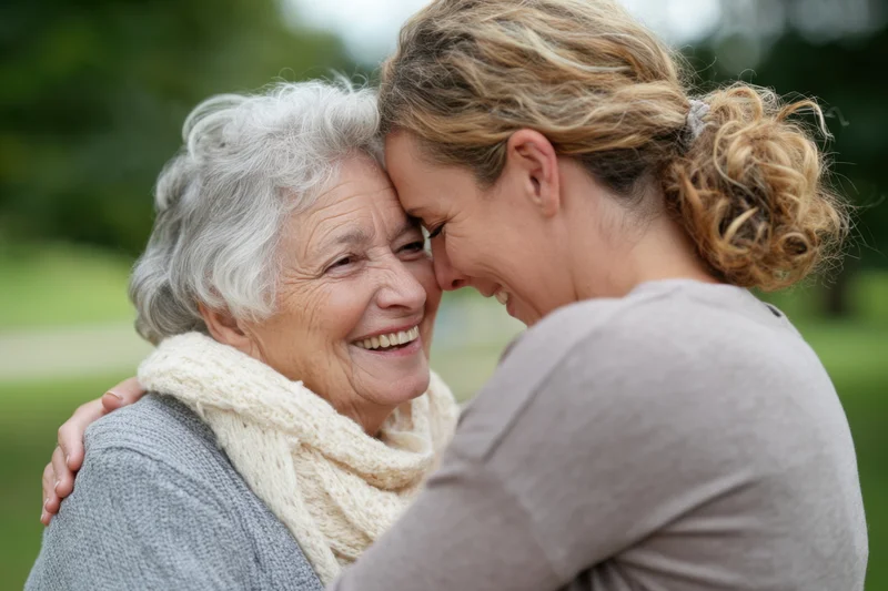 Younger woman embracing senior woman in a park, both smiling with foreheads touching