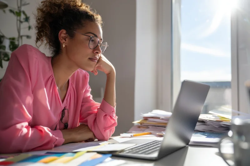 Thoughtful woman in pink blouse sitting at cluttered desk with laptop and papers, looking out window
