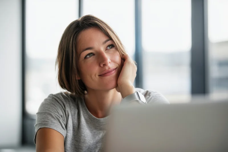 Young woman smiling thoughtfully at desk in front of laptop near window