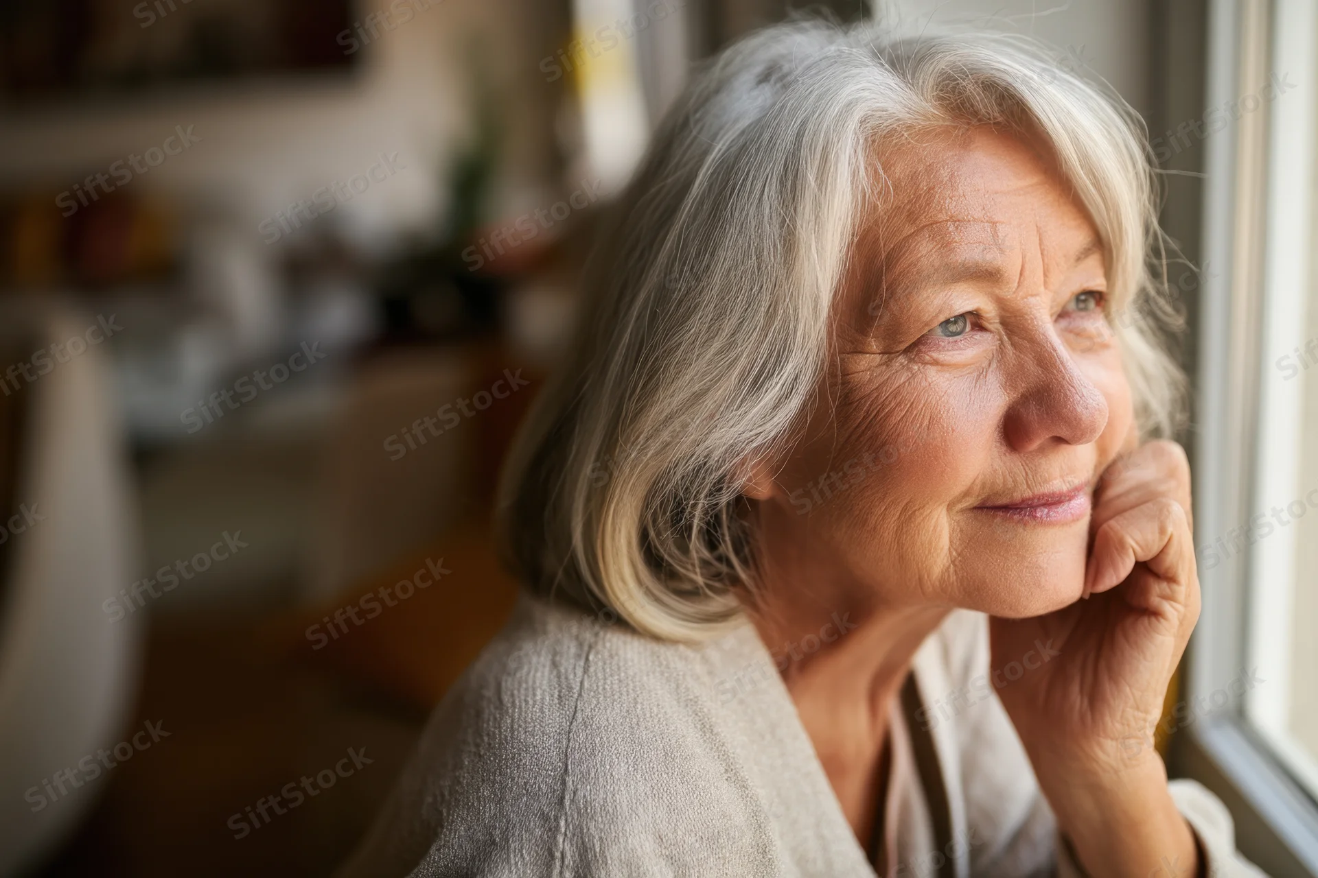 Elderly woman with silver hair smiling thoughtfully by a window in a warm indoor setting