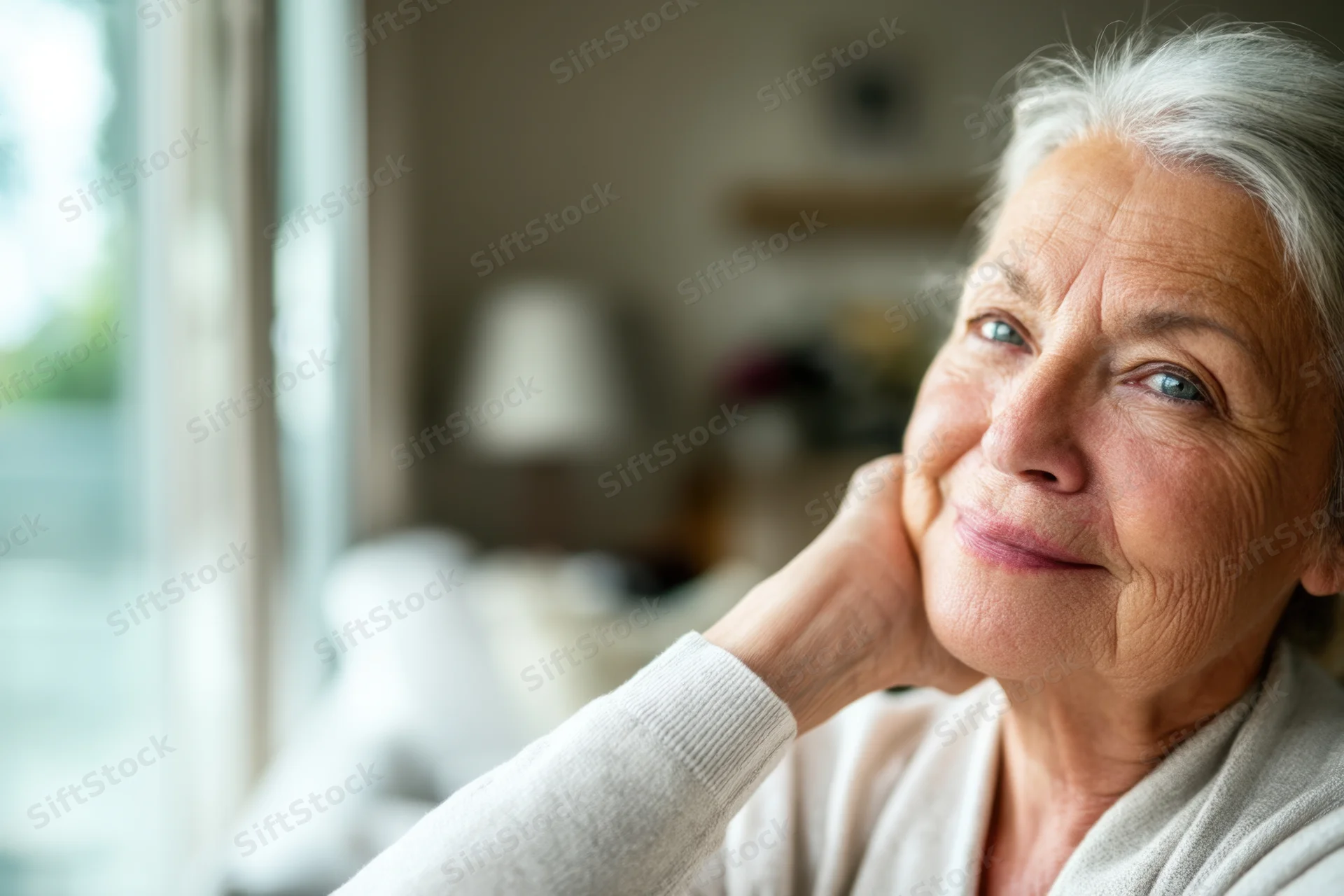 Elderly woman smiling with hand on chin by a window in a cozy home interior
