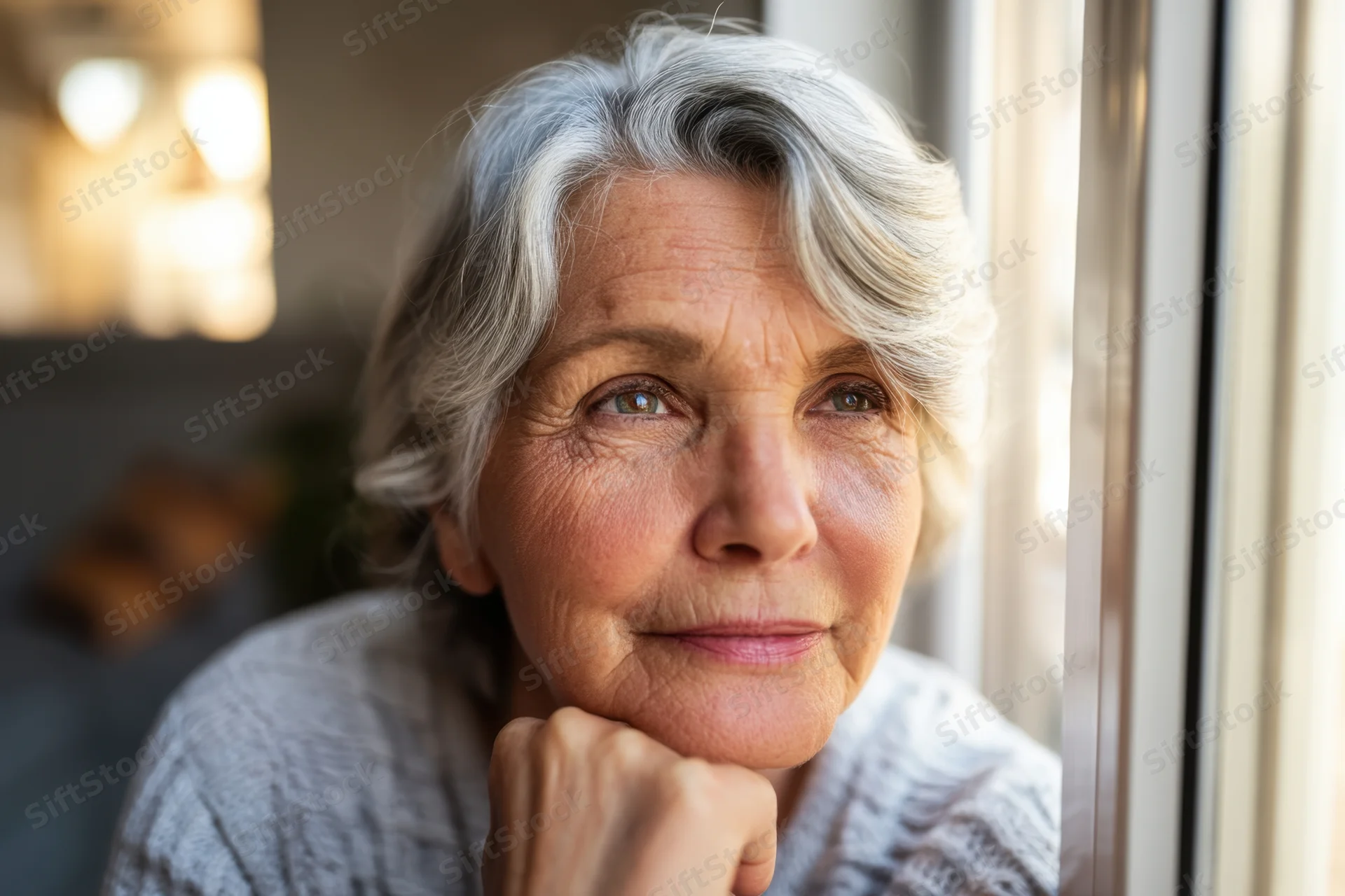 Elderly woman with silver hair resting her chin on her hand, gazing out a window indoors