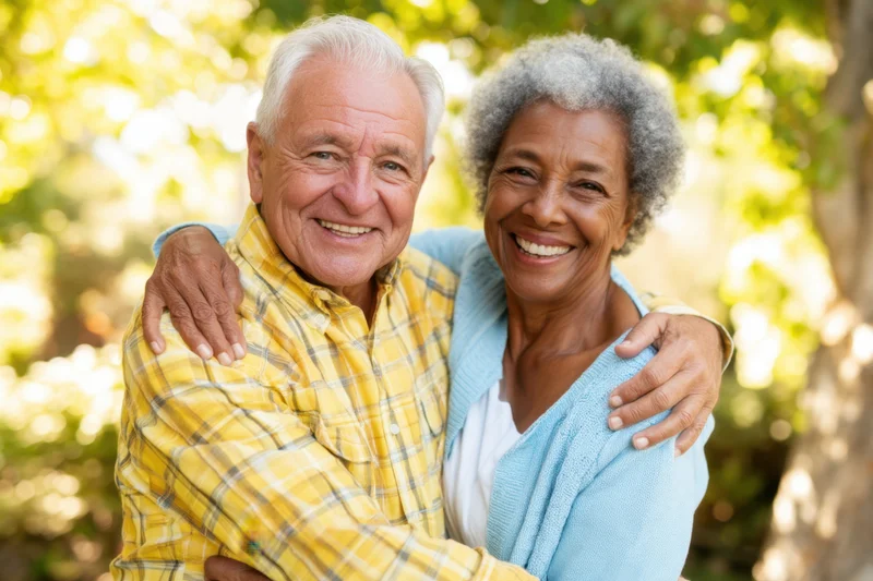 Elderly couple smiling and hugging outdoors in a sunlit park