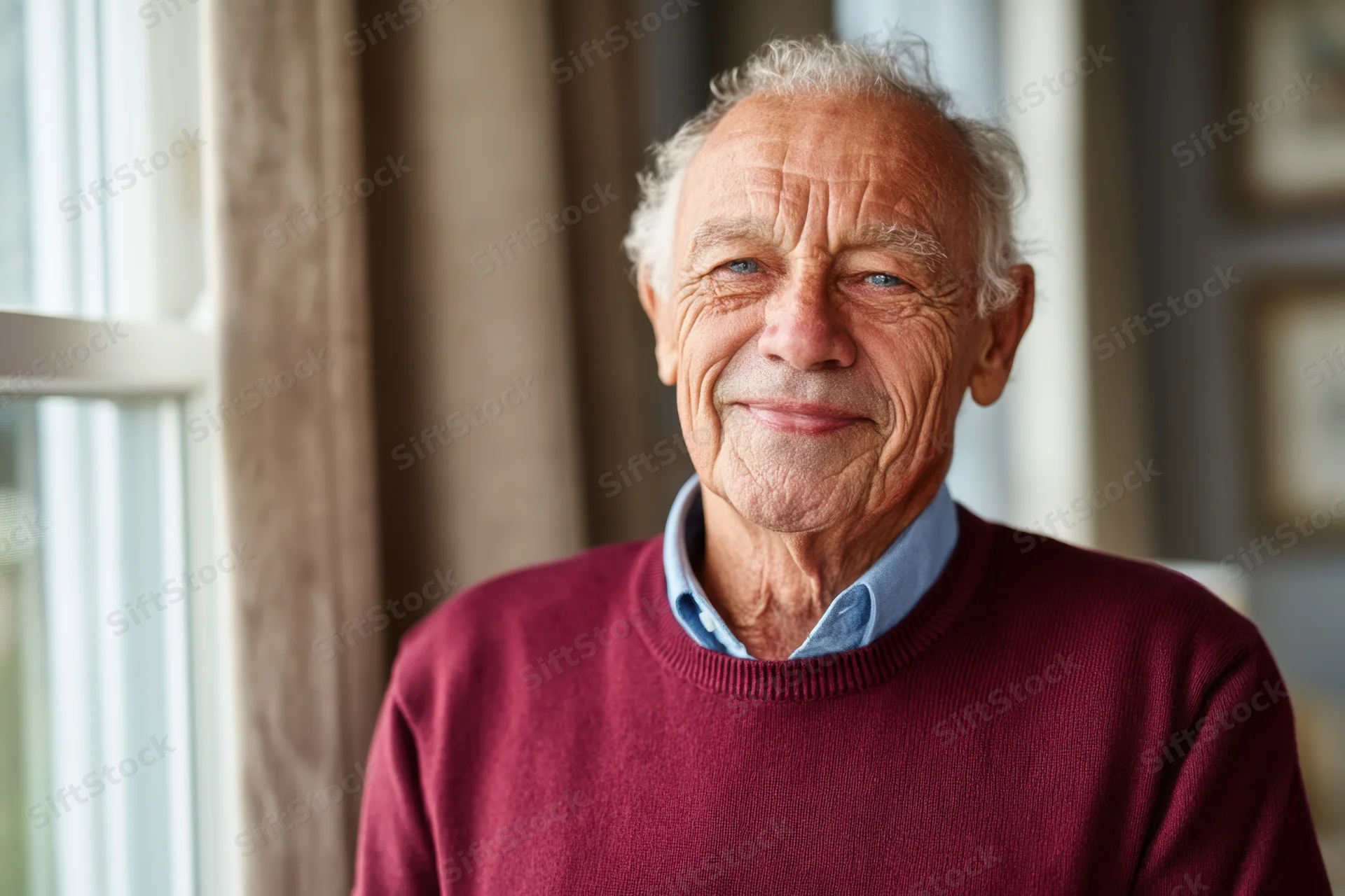 Elderly man smiling in a well-lit indoor setting near a window