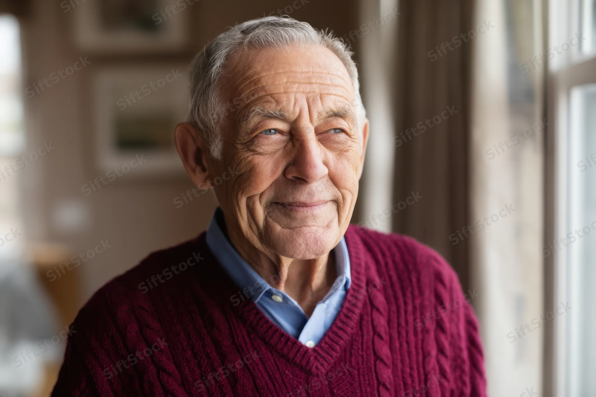 Elderly man smiling warmly in a well-lit indoor setting near a window