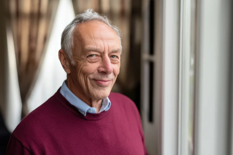 Elderly man smiling while standing indoors near a window