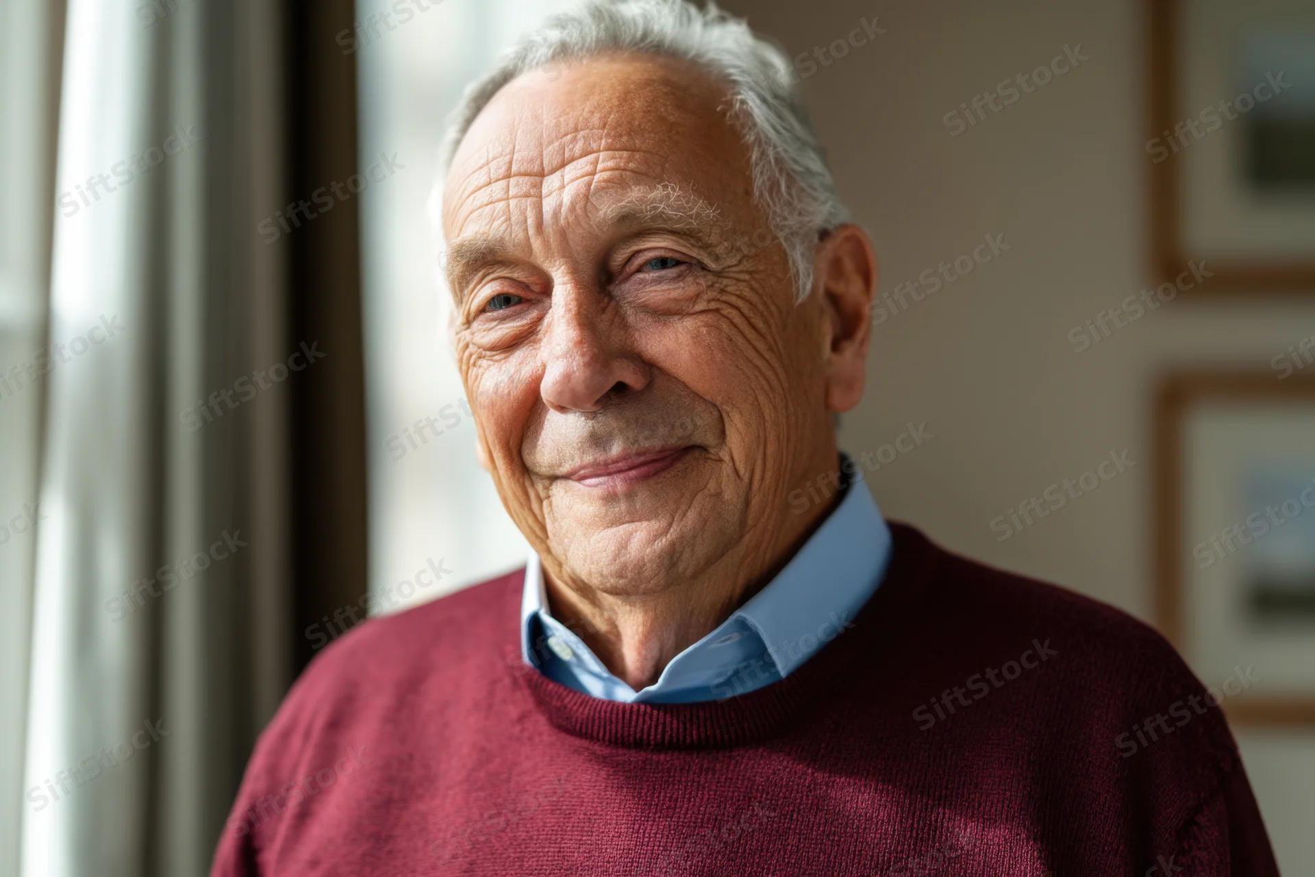 Elderly man smiling in a warm indoor portrait by a window
