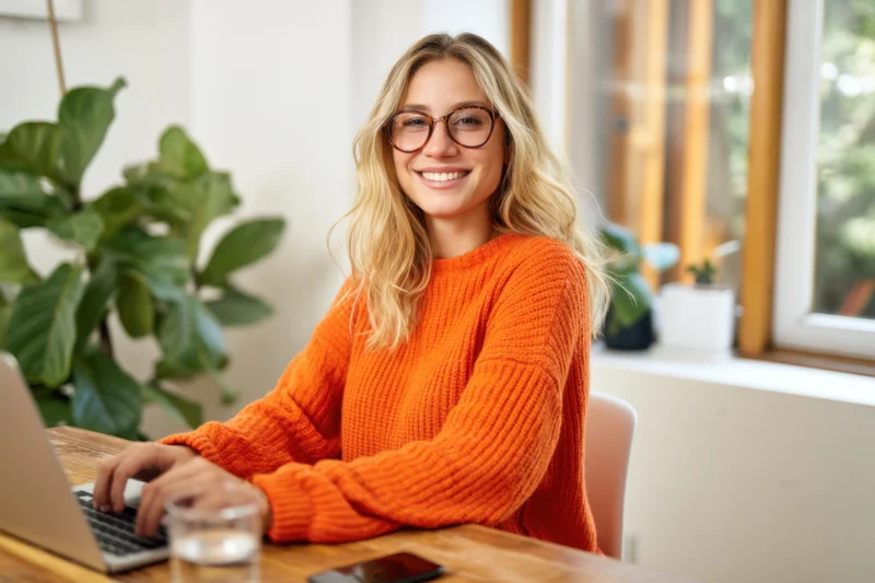 Woman in orange sweater smiling while working on laptop at home office desk