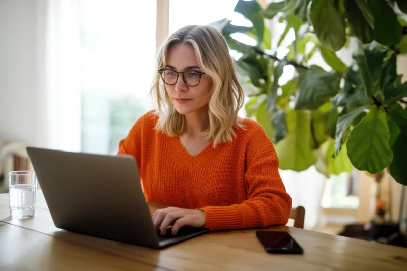 Woman typing on laptop at wooden desk in home office with plant and window light
