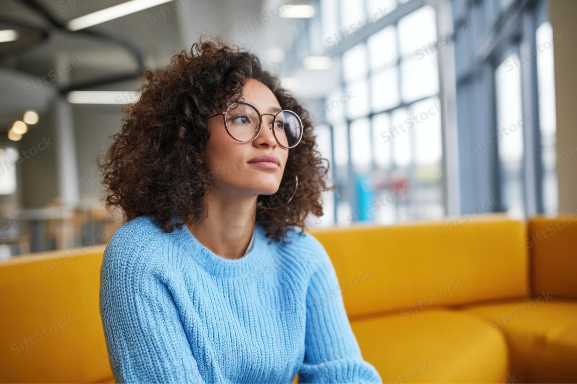 Woman with curly hair and round glasses sitting on yellow couch in modern office interior