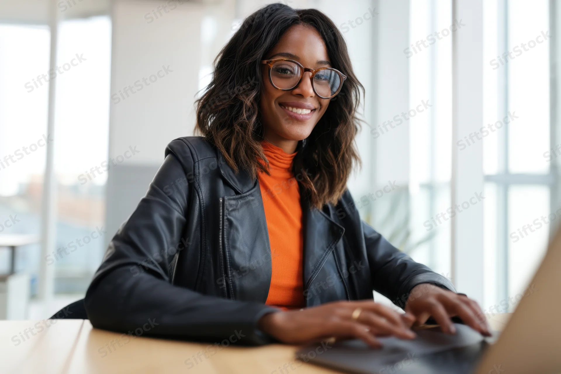 Woman smiling while typing on laptop at wooden desk in bright office