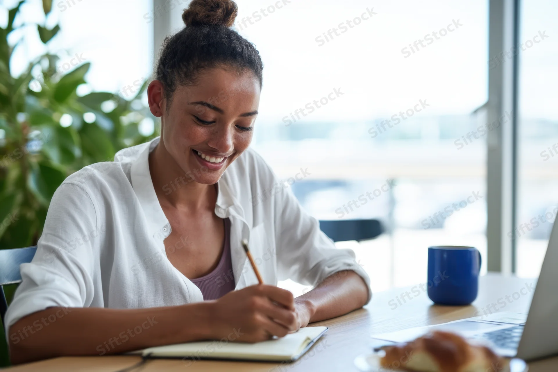 Woman smiling while writing in a notebook at a sunlit wooden desk with laptop and coffee mug