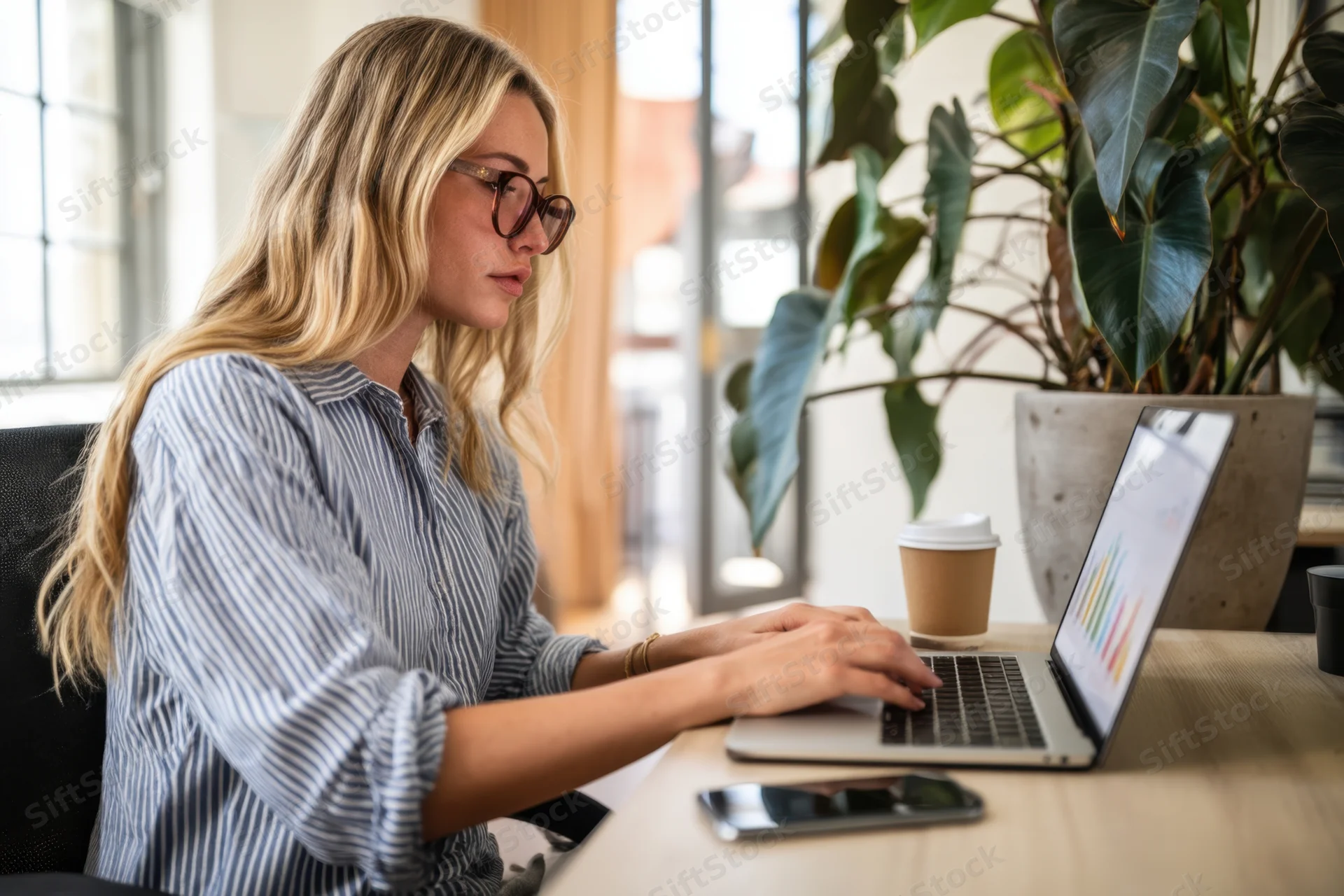 Woman working on laptop at desk in modern office space