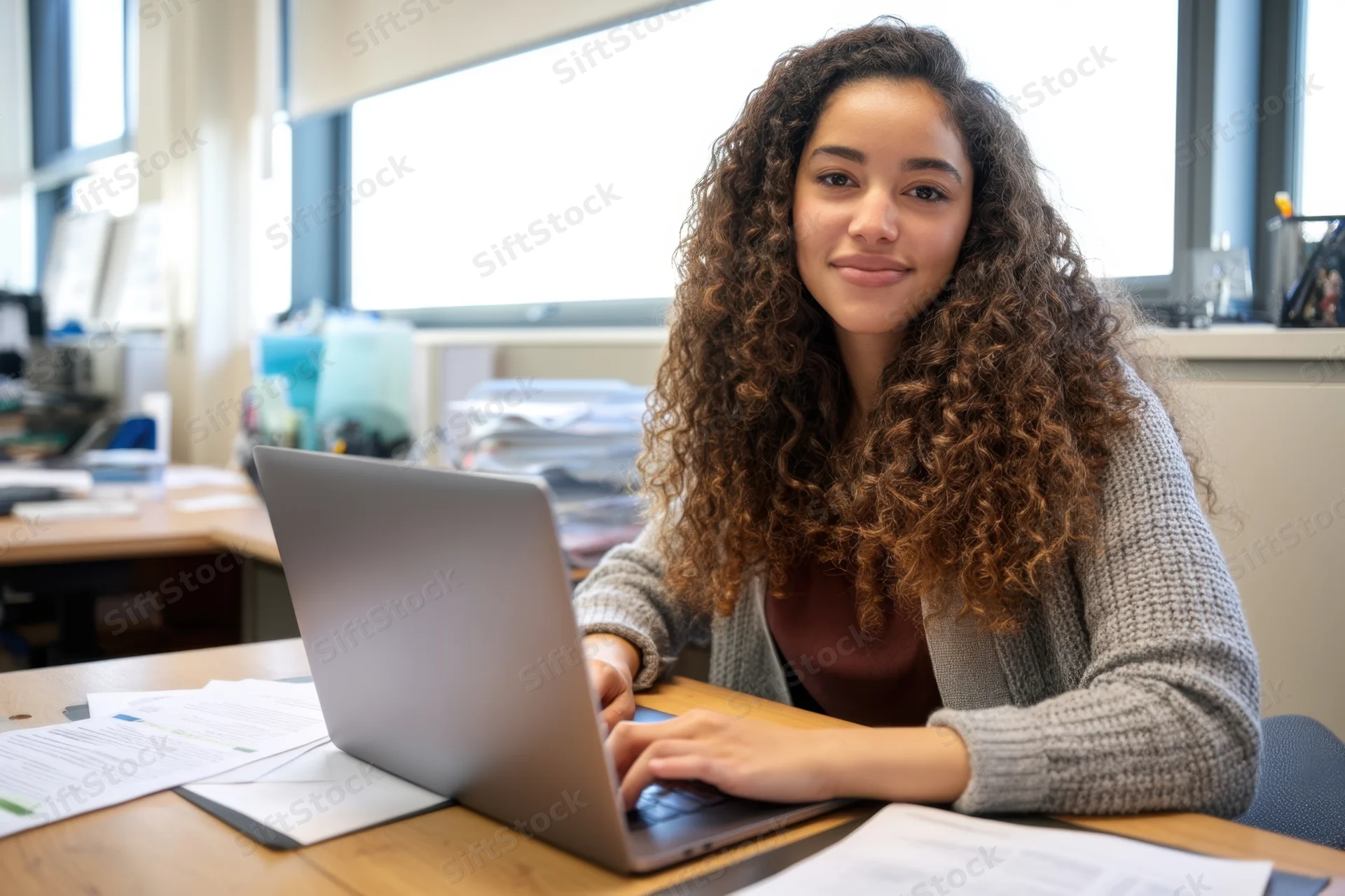 Young woman with curly brown hair smiling while typing on laptop at wooden desk in office setting