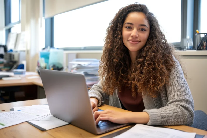 Young woman with curly brown hair smiling while typing on laptop at wooden desk in office setting