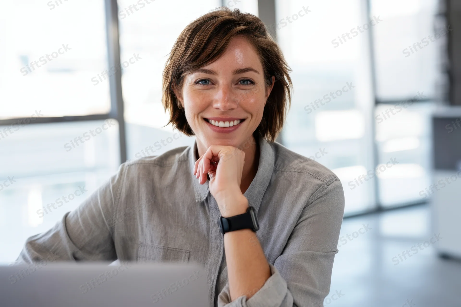 Woman smiling at laptop in bright modern office