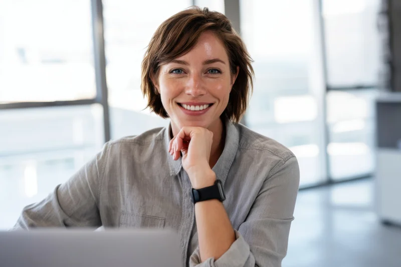Woman smiling at laptop in bright modern office