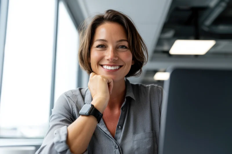 Woman smiling at laptop in modern office workspace