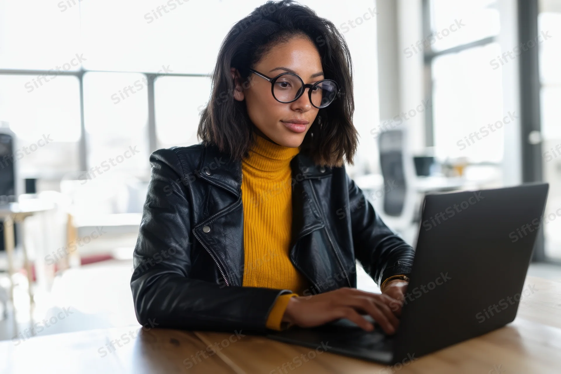 Woman typing on laptop at wooden desk in bright office space