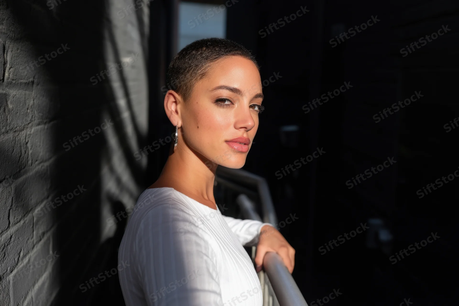 Young woman with short hair in white top leaning on metal railing outdoors in sunlight and shadow