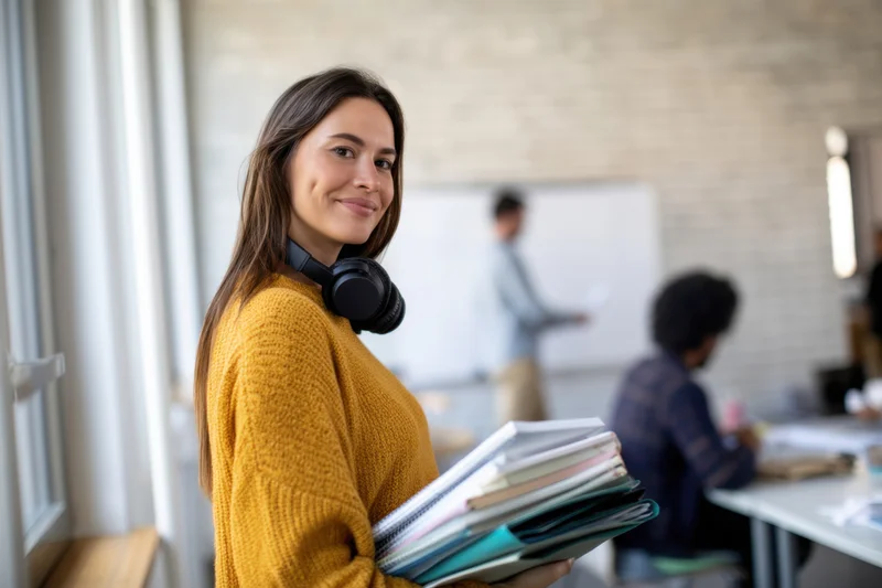 Young woman in mustard sweater holding notebooks and smiling in classroom