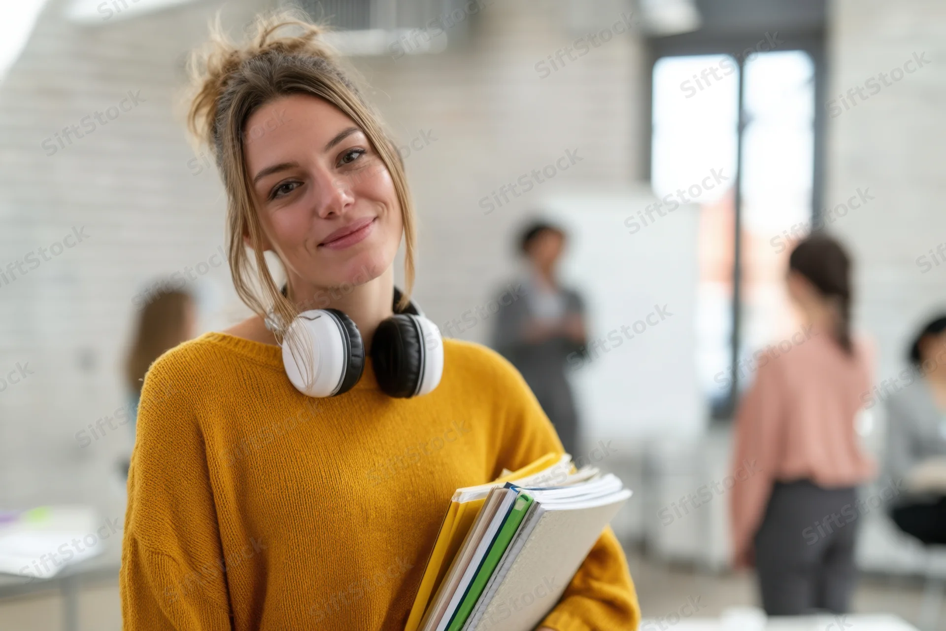 Young woman in mustard sweater holding notebooks with headphones around neck in classroom setting