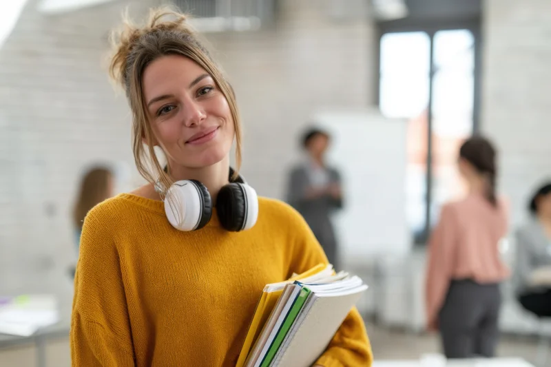 Young woman in mustard sweater holding notebooks with headphones around neck in classroom setting