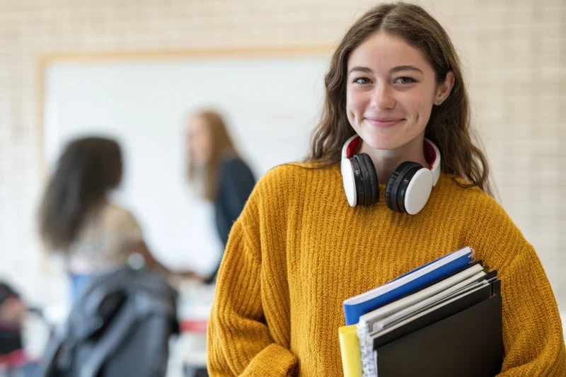 Young woman in mustard sweater holding notebooks with headphones around neck in classroom