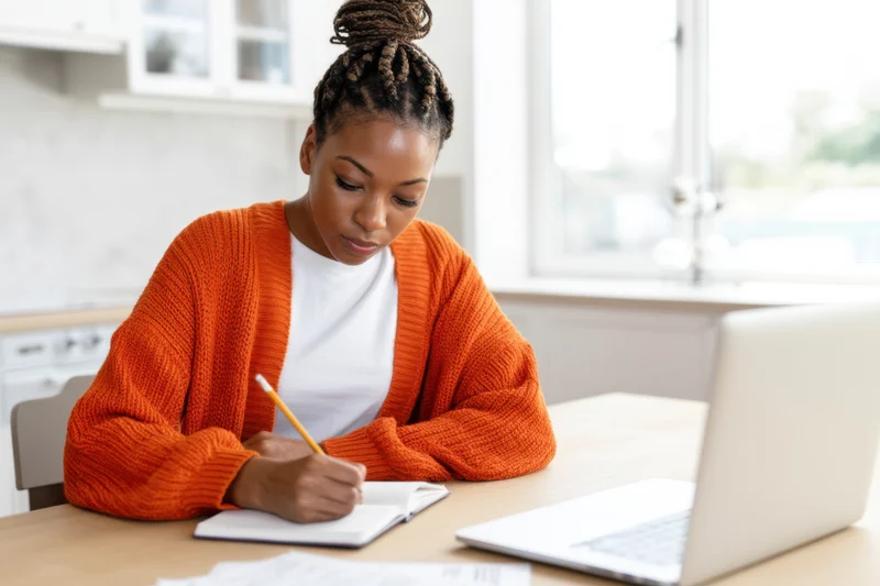 Young woman writing in notebook at kitchen desk with laptop open beside her