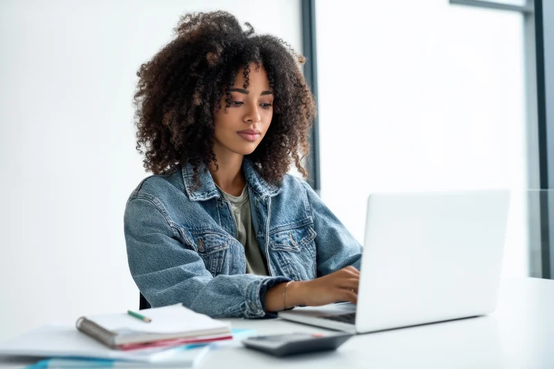 Young woman with curly hair typing on laptop at office desk