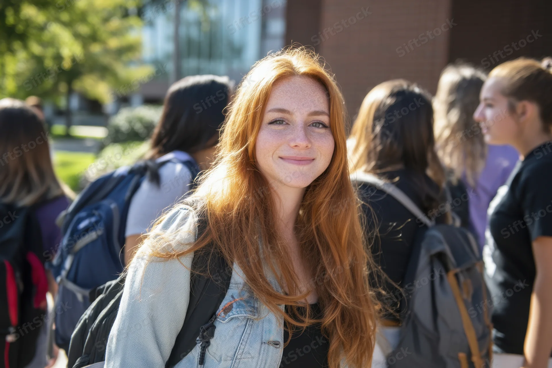 Young woman with long red hair smiling while standing on a college campus with peers in the background
